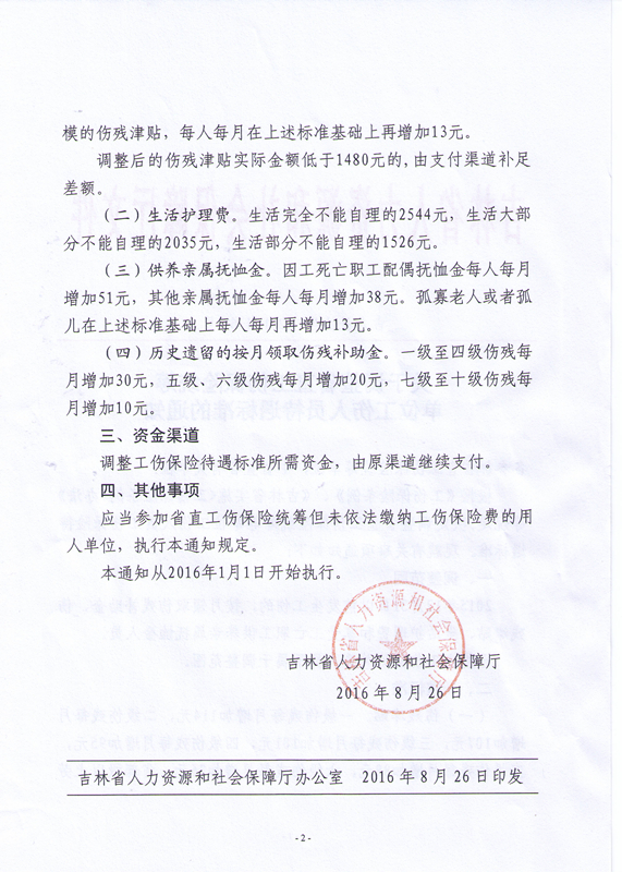 吉林省人力资源和社会保障厅关于调整省直工伤保险统筹单位工伤人员待遇标准的通知（吉人社办字〔2016〕63号）