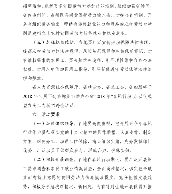 湖南省人力资源和社会保障厅 湖南省扶贫开发办公室 湖南省总工会 湖南省妇女联合会关于开展2018年春风行动的通知（湘人社函〔2018〕39号）