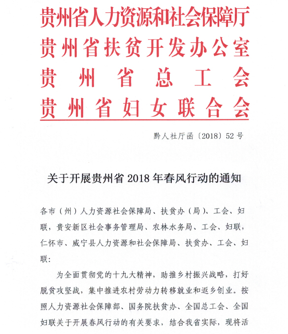 贵州省人力资源和社会保障厅 贵州省扶贫开发办公室 贵州省总工会 贵州省妇女联合会关于开展贵州省2018年春风行动的通知（黔人社厅函〔2018〕52号)