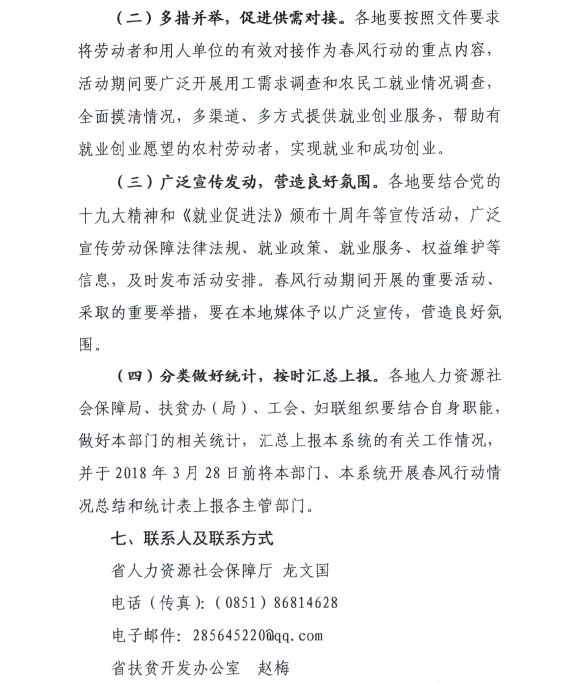 贵州省人力资源和社会保障厅 贵州省扶贫开发办公室 贵州省总工会 贵州省妇女联合会关于开展贵州省2018年春风行动的通知（黔人社厅函〔2018〕52号)